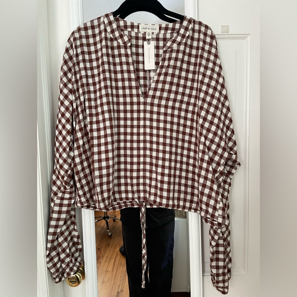 NEW w/tags Cloth & Stone Brown and White Gingham Tie-Hem Top Sz L
